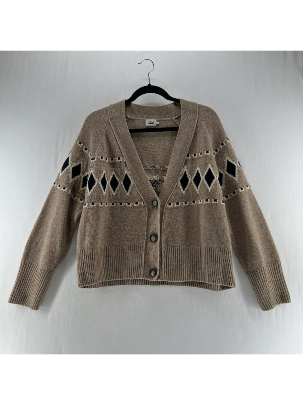 Beymen Club Argyle Cardigan Sweater Size S Wool Blend Gold Metallic V-Neck Brown